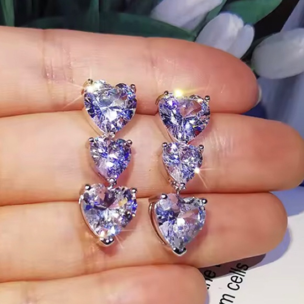 3 Tier Heart Drop Crystal Zirconia Earrings - Women Jewelry